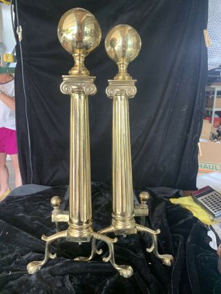 Pair Vintage Brass Cannon Ball Andirons Firedogs Fireplace