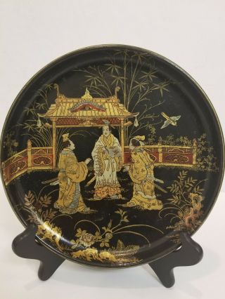 Vintage Japanese Lacquer Tray Hand Painted Gold On Black Court Scene Asian Decor