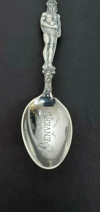 Antique Sterling Silver Souvenir Spoon Full Figure Native American Denver 2