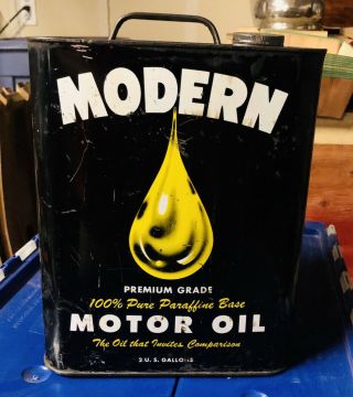 Vintage Rare 2 Gallon Modern Motor Oil Can Premium Grade Peninsula Oil Sae 20