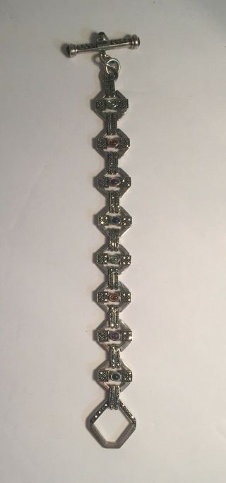 Vintage Heavy Sterling Silver Marcasite Semi Precious Stone Bracelet 7.  25”