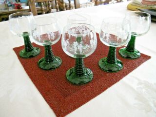 Six Vintage German Roemer Green Etched Wine Glasses