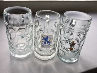 3 Dimple Mugs 1 Liter Stein Beer Glass Lowenbrau Bernon Balley Brauhaus Germany