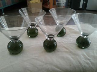 Vintage 5 Mid Century Martini Glasses Bubble Green Ball Base Stem Cosmo Cocktail