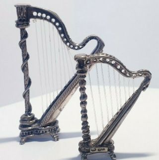 2 X Vintage Solid Silver Italian Made Miniature Harps Hallmarked.  His And Hers:)