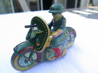 Vintage Sato ? Toy Tin Litho Friction Military Police Motorcycle Made In Japan