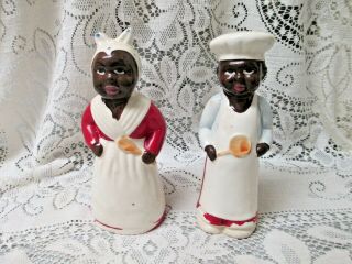 Vtg Black Americana Ceramic Salt & Pepper Shakers 8 1/4 " Male & Female Chefs