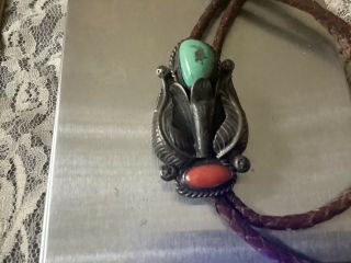 Vintage Sterling Silver Bolo Tie Black Leather,  Turquoise & Coral
