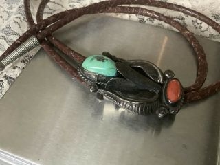 Vintage Sterling Silver Bolo Tie Black Leather,  turquoise & Coral 2