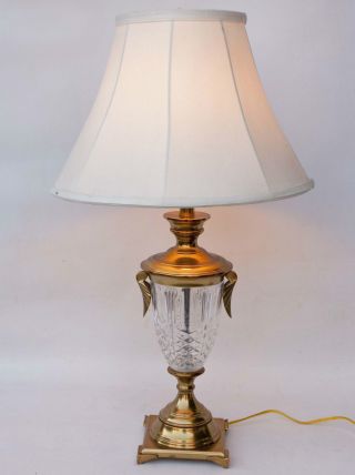 Large Vintage Crystal Glass And Brass Table Lamp With Brass Leaf Motif