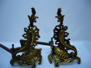 Vtg Fireplace Andirons Brass Bronze Rococo Louis Xv French Regency Style Flames