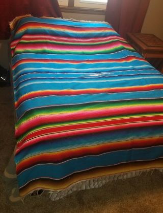 Huge Vtg Mexican Saltillo Serape Blanket Southwest Rug 60”x 96” Vibrant Colors