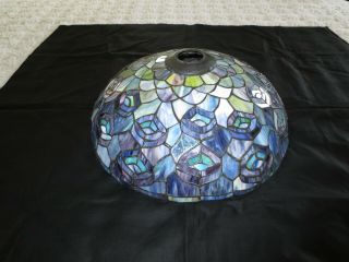 Vtg.  Tiffany Style Stained Glass Blue Peacock Lamp Shade - 14 3/4 " Diameter