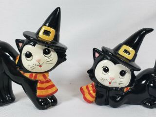 2 Vintage Lefton Black Cats Halloween Ceramic Figures Decor