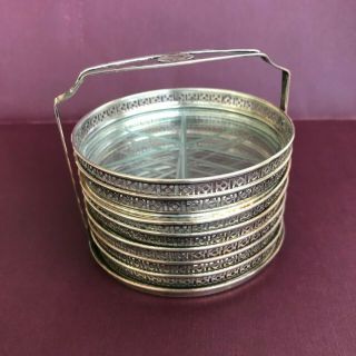 Vintage Set (7) Filigree Webster Sterling Silver & Cut Glass Coasters W/ Caddie