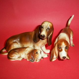 3 Vintage Mid Century Basset Hound Dog Ceramic Figurines / Lefton Japan