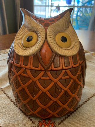 Vintage Mid Century Horned Owl Cookie Jar Orange & Brown Ceramic Double Side Mcm