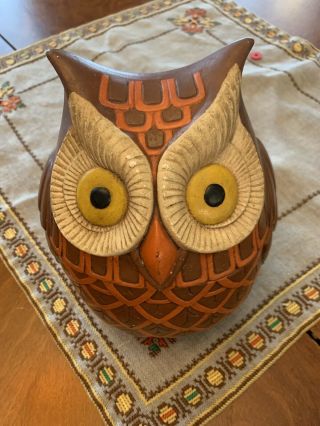 Vintage Mid Century Horned Owl Cookie Jar Orange & Brown Ceramic Double Side MCM 2