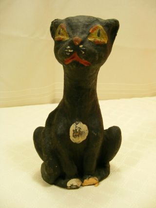 Vintage Halloween Black Cat Paper Mache Candy Container 7 "