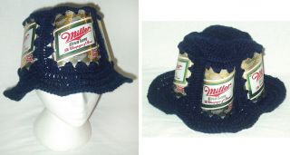 Vintage 70s Crochet Knit Bucket Hat Miller High Life Beer Can Hippie Party Funny