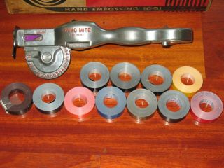 Vintage Dymo - Mite Tapewriter Label Maker Hand Embossing Tool Box 11 Tapes Usa