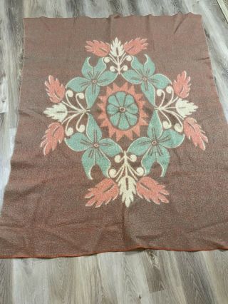 Vtg Orr Health Blanket Wool Art Deco Muted Pink Green Swirl Beige 68x80 2 Sided