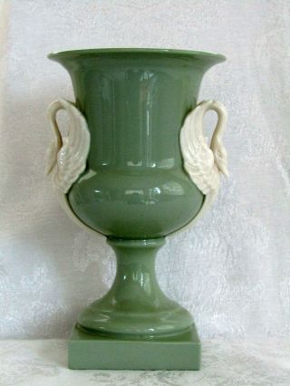 Lenox Vintage Celadon Green Double White Swan Handle Porcelain Vase Urn Old Mark