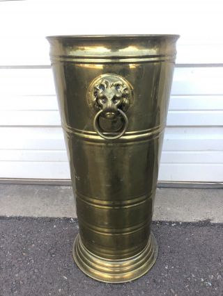 Vintage Brass Umbrella Cane Stand With Lion Head Pulls Brass Hollywood Regency