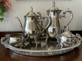 Vintage Silver Plated Tea And Coffee 4 Piece Set Plus Oval Galleried Tray
