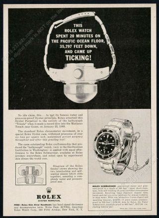 1962 Rolex Submariner Watch Trieste Mariana Trench Watch Photo Vintage Print Ad