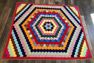 Large Vintage Multi - Color Hexagon Pattern Polyester Quilt 88” X 70”