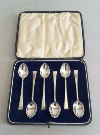 Cased Set 6 Deco Vintage Solid Silver Coffee Spoons.  44gms.  Sheff.  1938.