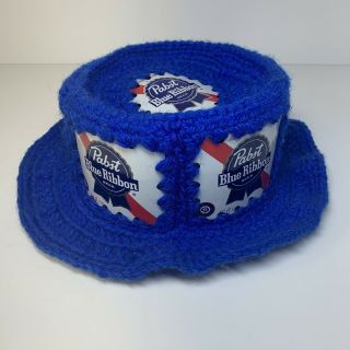 Vintage Handmade Crochet Pabst Blue Ribbon Beer Can Retro Bucket Hat Usa