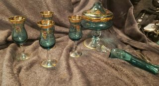 Vintage Italian Blue And Gold Crystal Wine Decanter With 6 Wine Glasses.