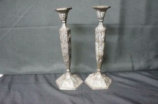 2 Barbour Silver Co Dutch Motif Repousse Silver Over Copper Candlesticks 12 1/4 "