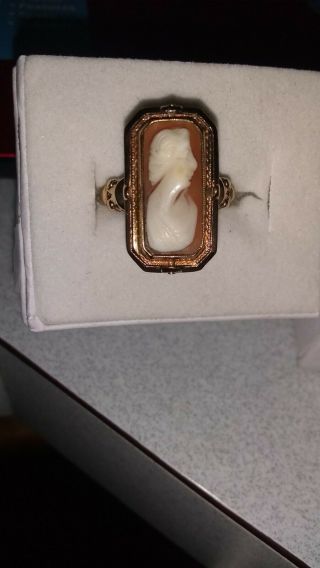 Cameo Ring Vintage Hand Carved Shell 10k Yellow Gold Reversible To Black Onyx