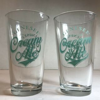 Set Of 2 Vintage Genesee Cream Ale Beer Glasses Green Since 1878 6 " Tall Euc