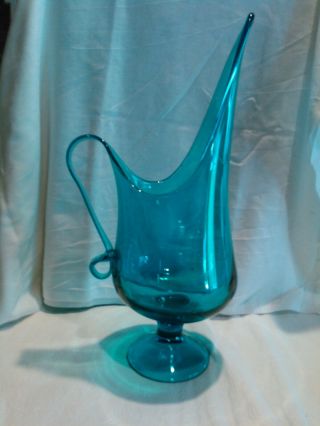 Vintage Mid - Century Modern Stretch Style Turquoise Blue Art Glass Vase/pitcher