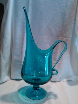 Vintage Mid - Century Modern Stretch Style Turquoise Blue Art Glass Vase/Pitcher 2