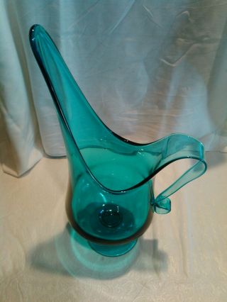 Vintage Mid - Century Modern Stretch Style Turquoise Blue Art Glass Vase/Pitcher 3