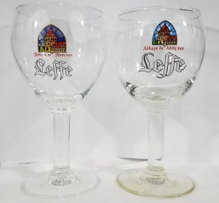 Two (2) Leffe Abbaye De Abdij Van Beer Glasses Goblet Cup Belgium Euc.