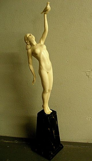 Vintage 19 " Art Deco Nude Female Sculpture Statue White Dove Bird Pedestal Base