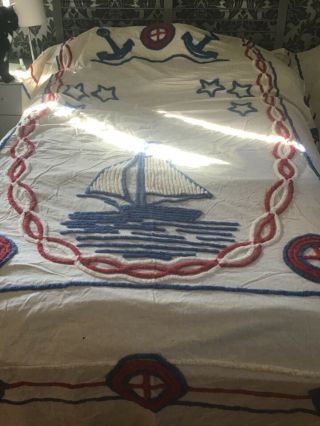 Vintage Red,  White & Blue Nautical Boat Chenille Bedspread Blanket Full Queen