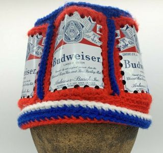 Handmade Budweiser Beer Can Red White Blue Pom Crochet Hat Retro Hipster Hat