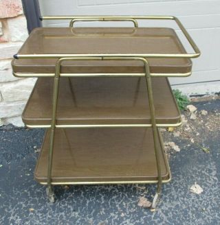 Vintage Mid Century Modern Cosco Brown 3 Tier Rolling Kitchen Cart Stand Retro