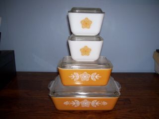 Complete Set Of Vintage Pyrex Butterfly Gold Refrigerator Dishes W/ Lids.