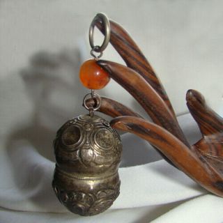 Vintage Chinese Silver Bell Pendant With Carnelian Bead