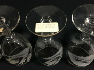 Vintage Frank Oda Arts Hawaii Etched Glass 9 oz.  Wine Glass Goblets - Set of 6 3
