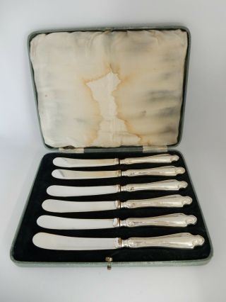 Boxed Art Nouveau Set Of 6 Solid Silver Handled Tea Knives,  Sheffield 1911.