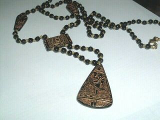 Vintage Egyptian Revival Carved King Tut And Nefertiti Hand Knotted Necklace